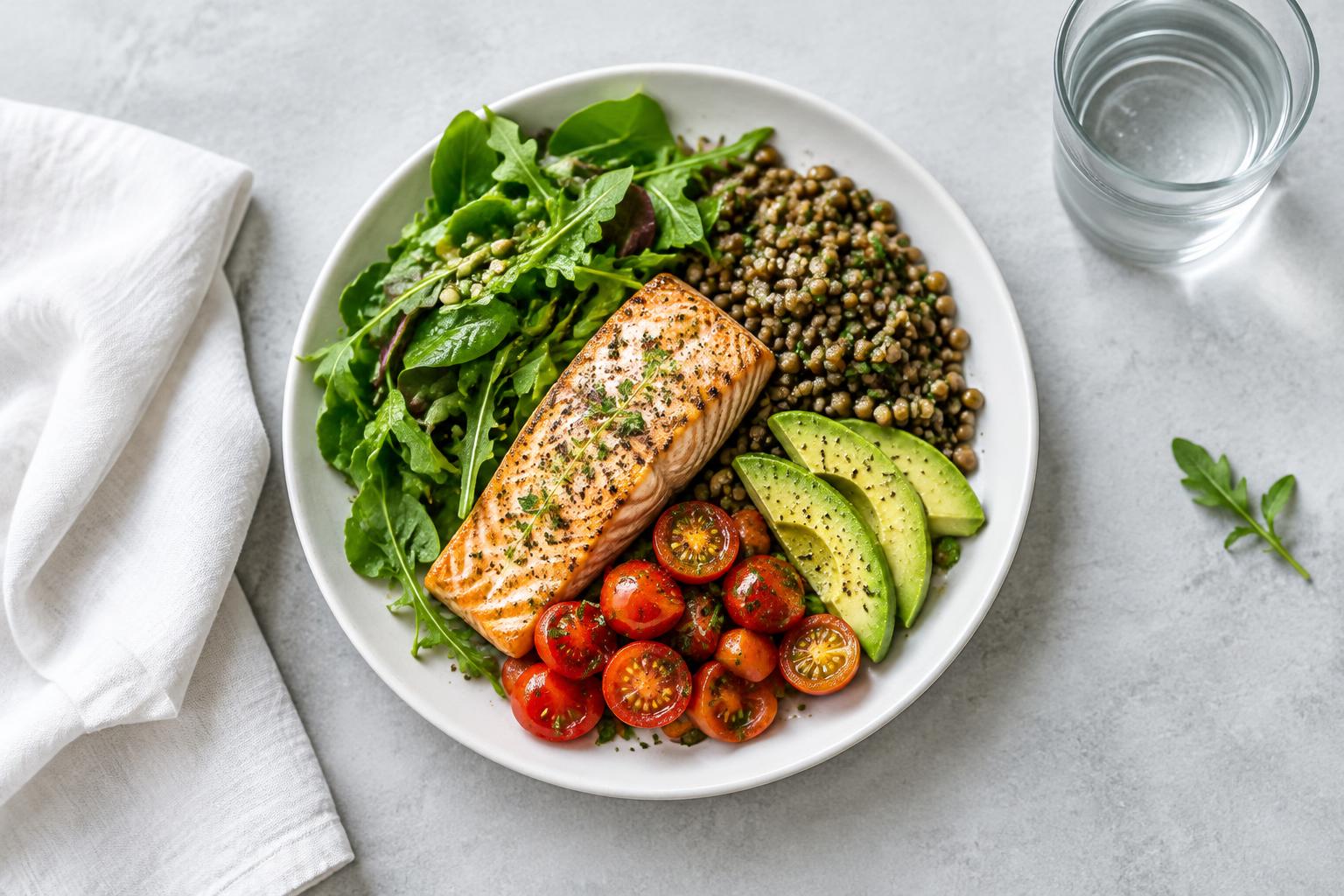 A balanced meal with salmon, lentils, vegetables and water