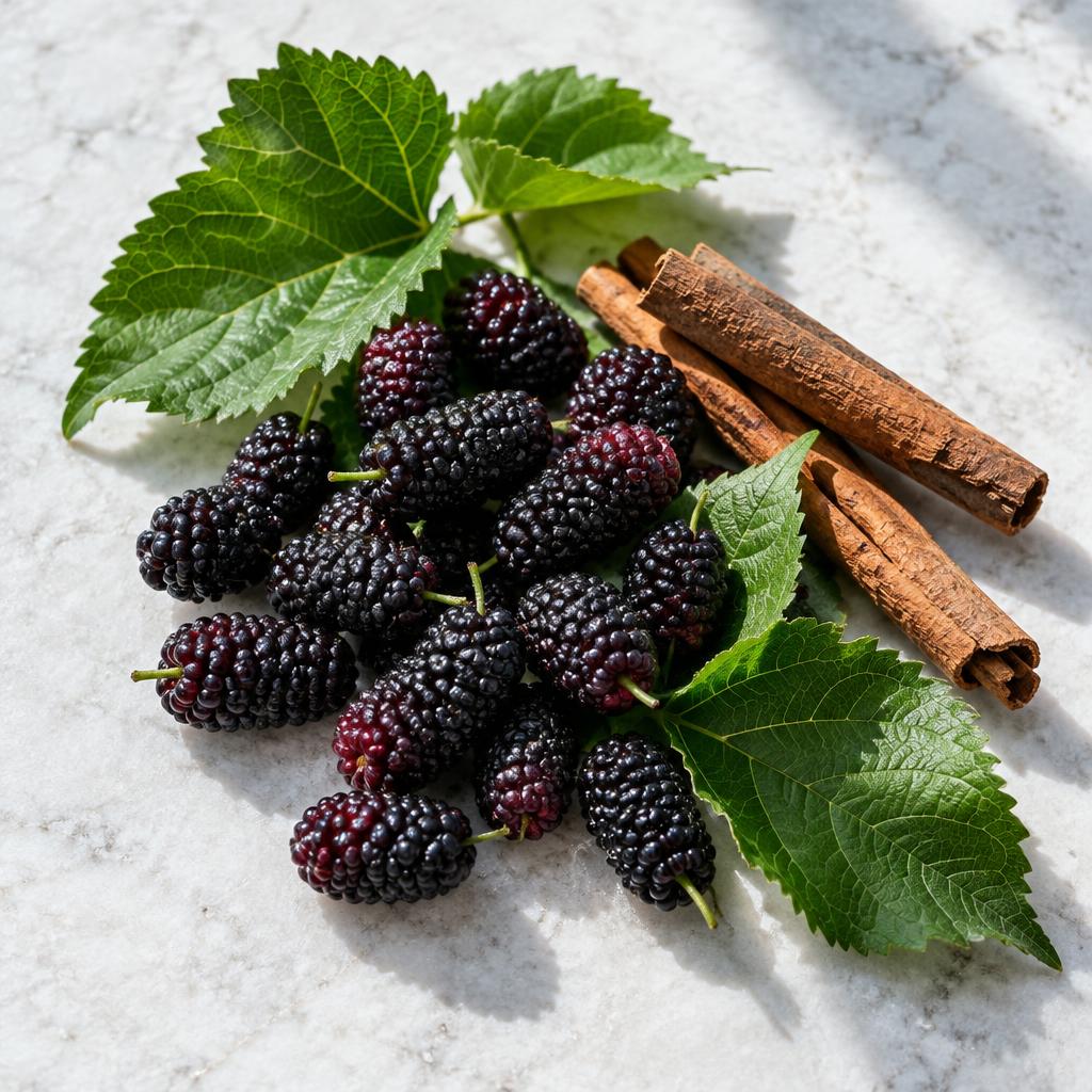 Illustrative mulberry leaves, berries and cinnamon bark
